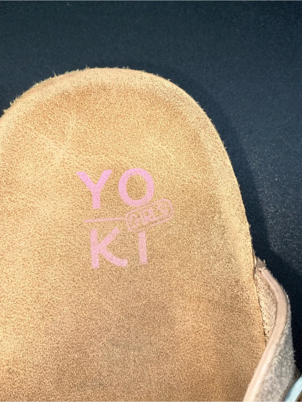 Yoki Gienna girls' taupe faux suede clogs featuring rhinestone embellishments.
